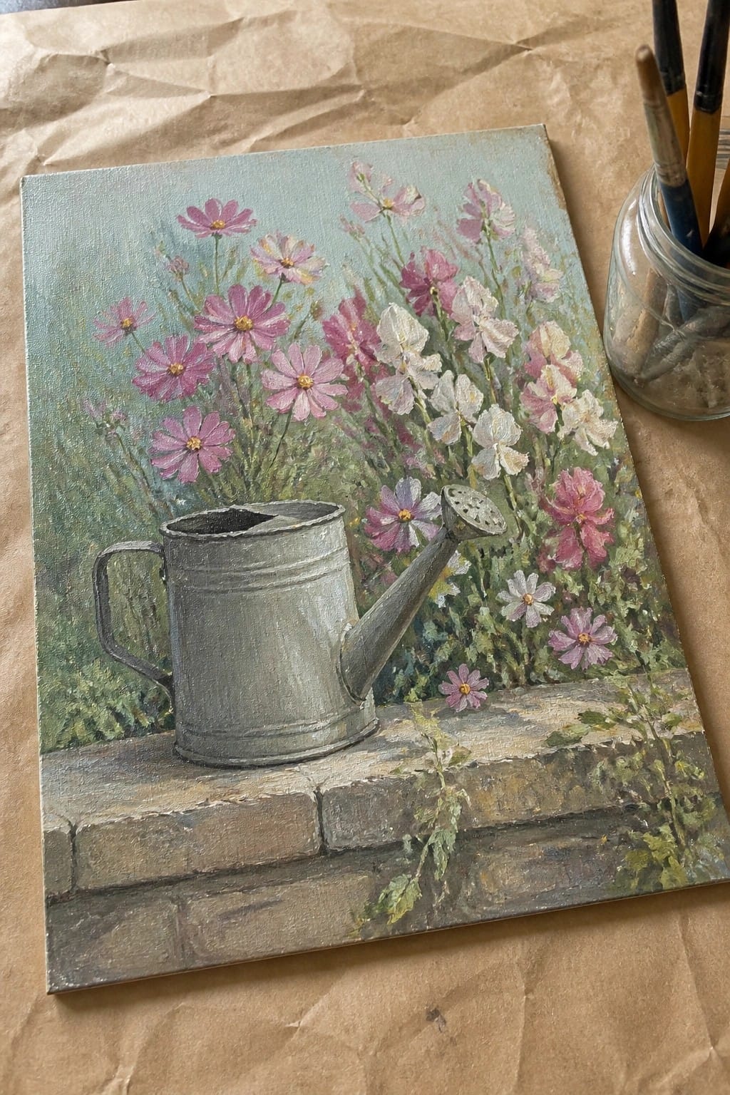 Still life painting of gray watering can amid pink and white cosmos flowers on brick ledge
