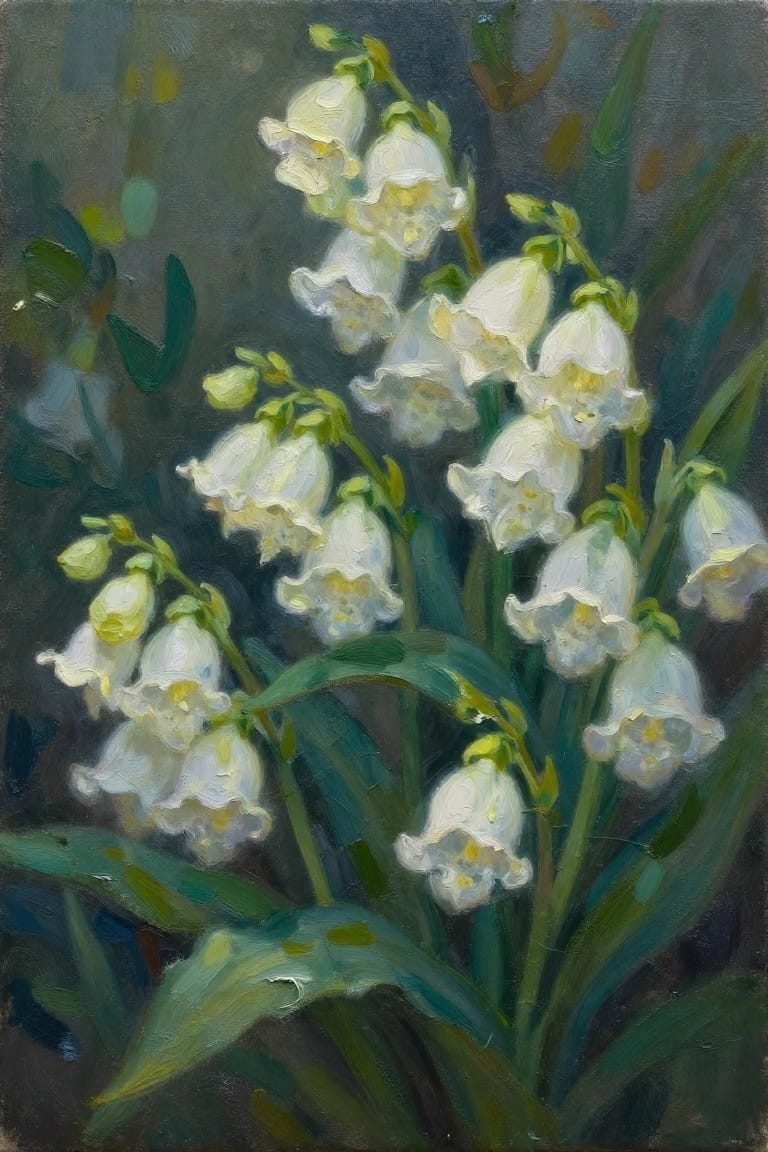 White bell-shaped flowers on green stems against a dark leafy background