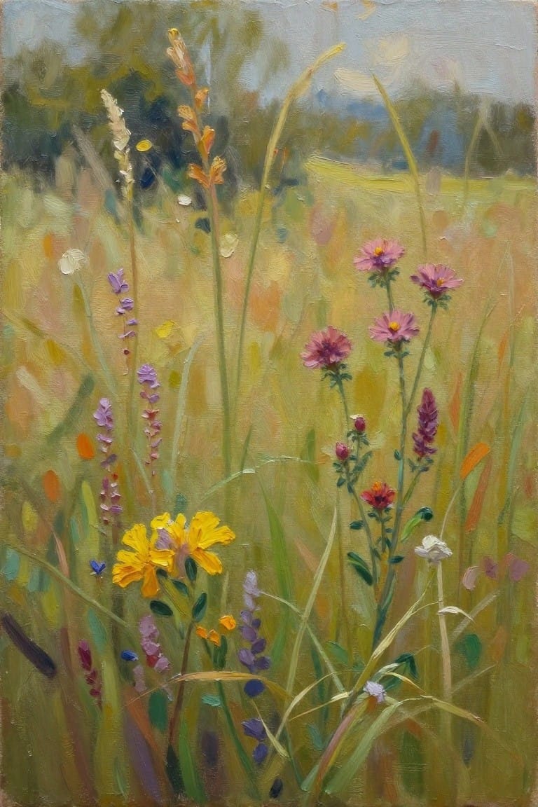 Colorful wildflowers and tall grasses in a sunlit meadow, oil painting