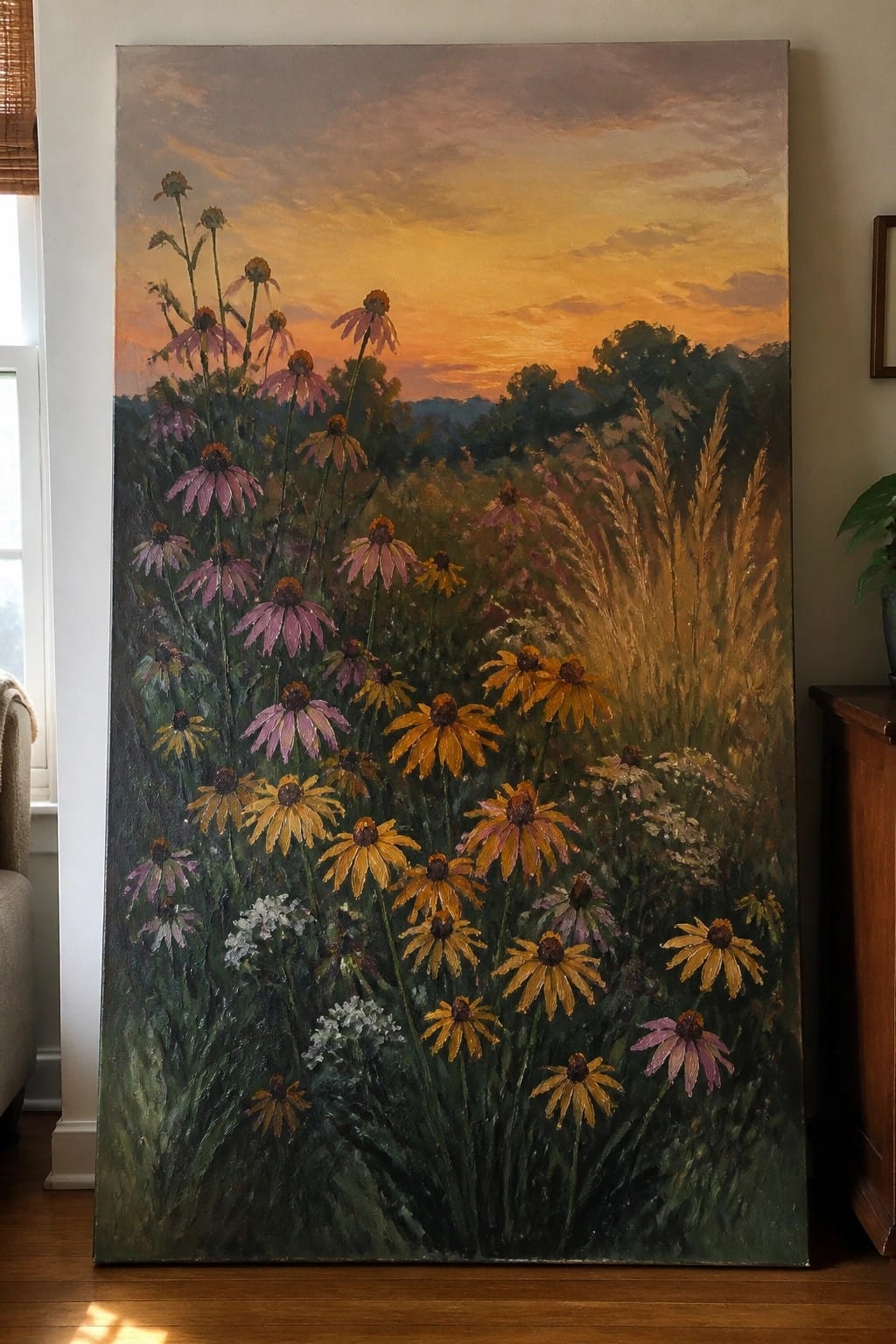 Large painting of wildflowers at sunset with pink and yellow blooms