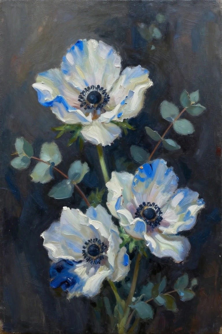 Three white and blue anemones with dark centers amid green leaves on dark background.