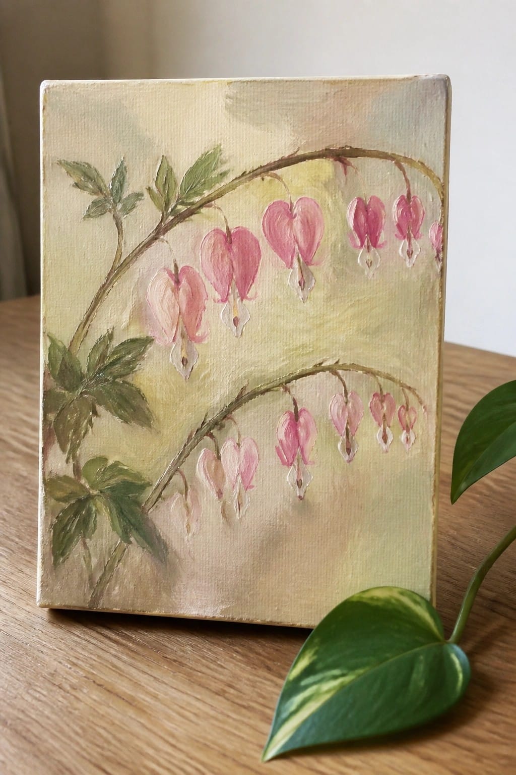 Canvas painting of pink bleeding heart flowers on wooden table
