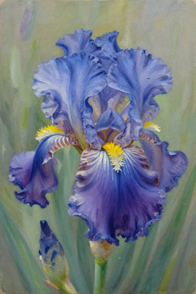 Blue-purple iris blooms with yellow centers and a bud against green background.