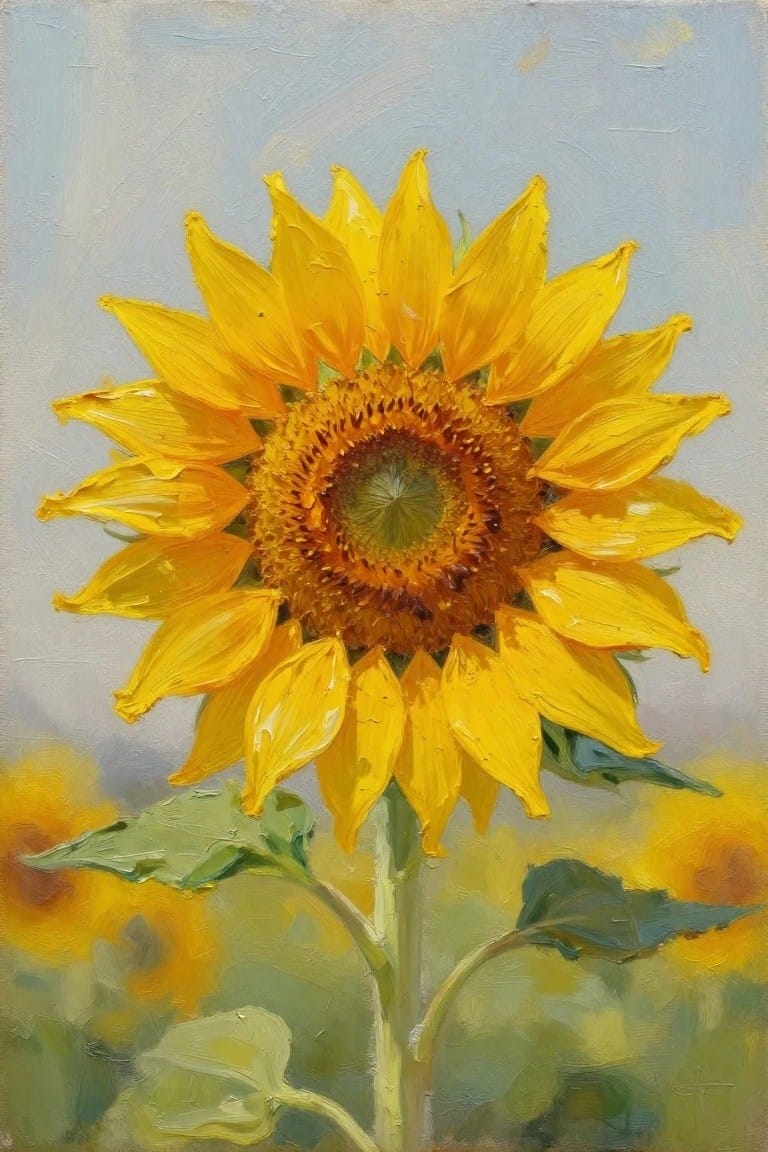 Bright yellow sunflower with brown center and green leaves against light blue sky
