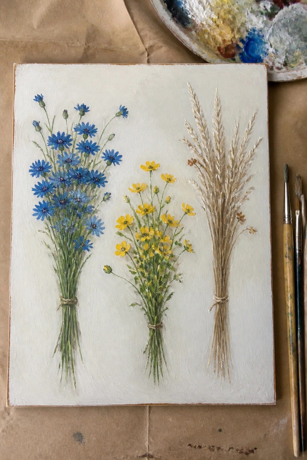 Canvas with blue cornflowers, yellow blooms, and dried grass bundles beside palette and brushes.