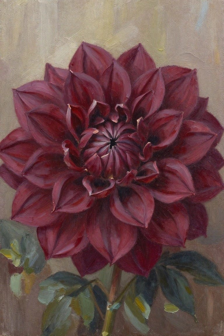 Oil painting of deep red dahlia with layered petals and green leaves.