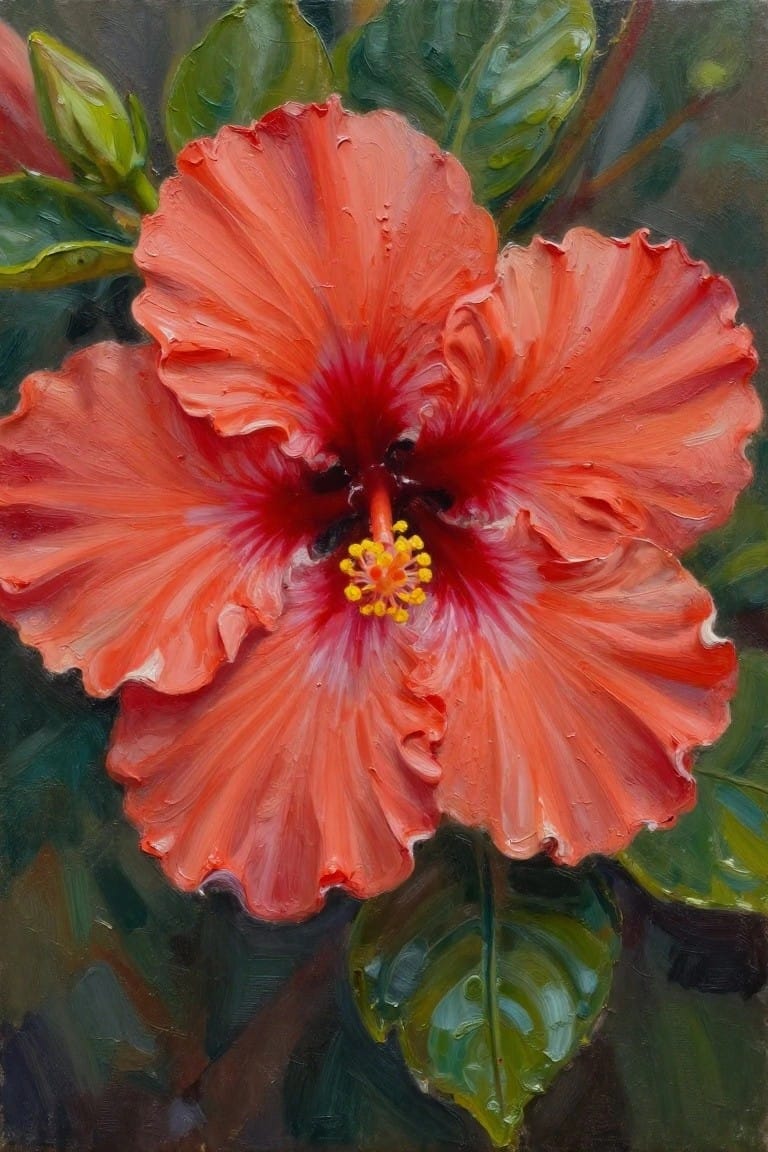 An oil painting of two red hibiscus flowers with yellow centers surrounded by green leaves.