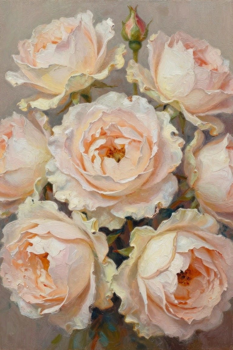 Bouquet of soft pink roses with a bud, rendered in textured oil paints