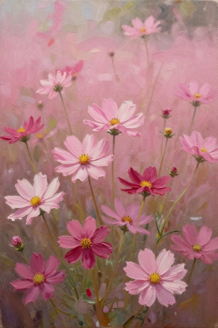 Pink cosmos flowers with yellow centers in soft painterly meadow