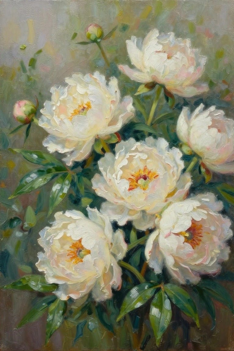 An oil painting shows multiple white peonies with yellow-orange centers surrounded by green leaves against a muted background.