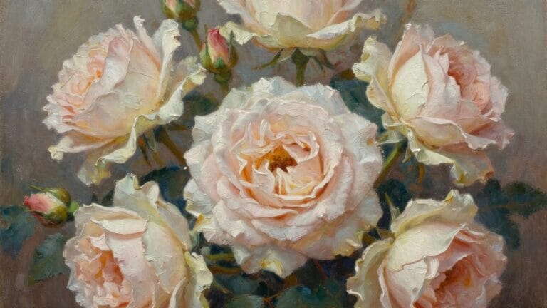 24 Beautiful Oil Painting Flowers Styled Around Realistic Botanical Details Bouquet of soft pink roses with a bud, rendered in textured oil paints