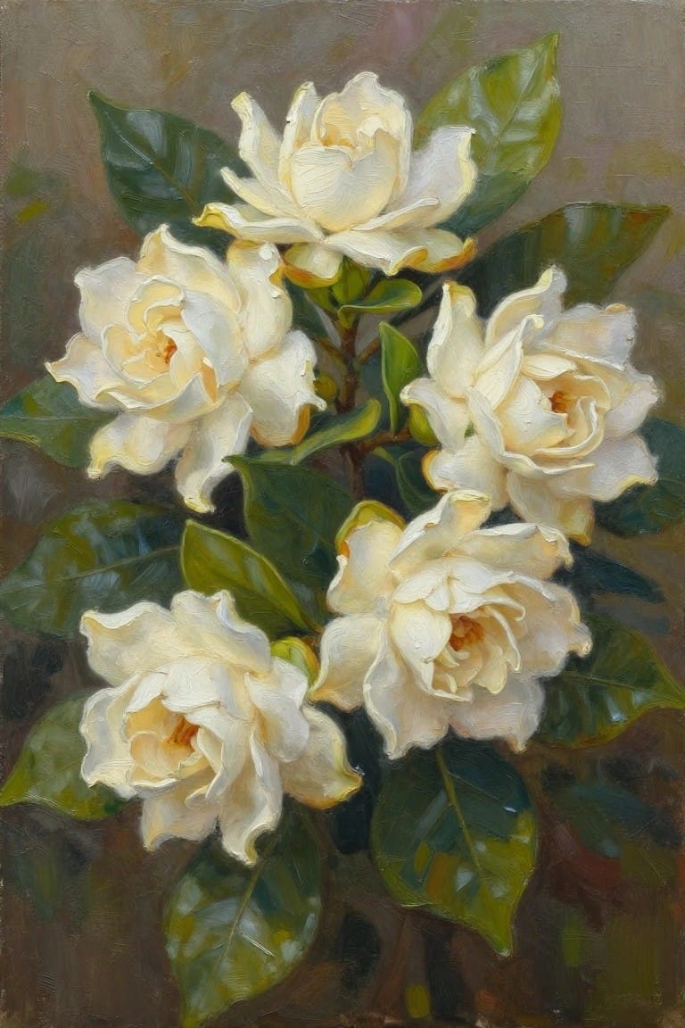 White gardenias with green leaves in realistic oil painting style