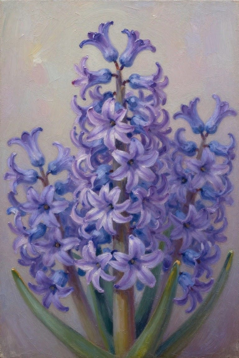 Purple hyacinth blooms with green leaves in an oil painting style