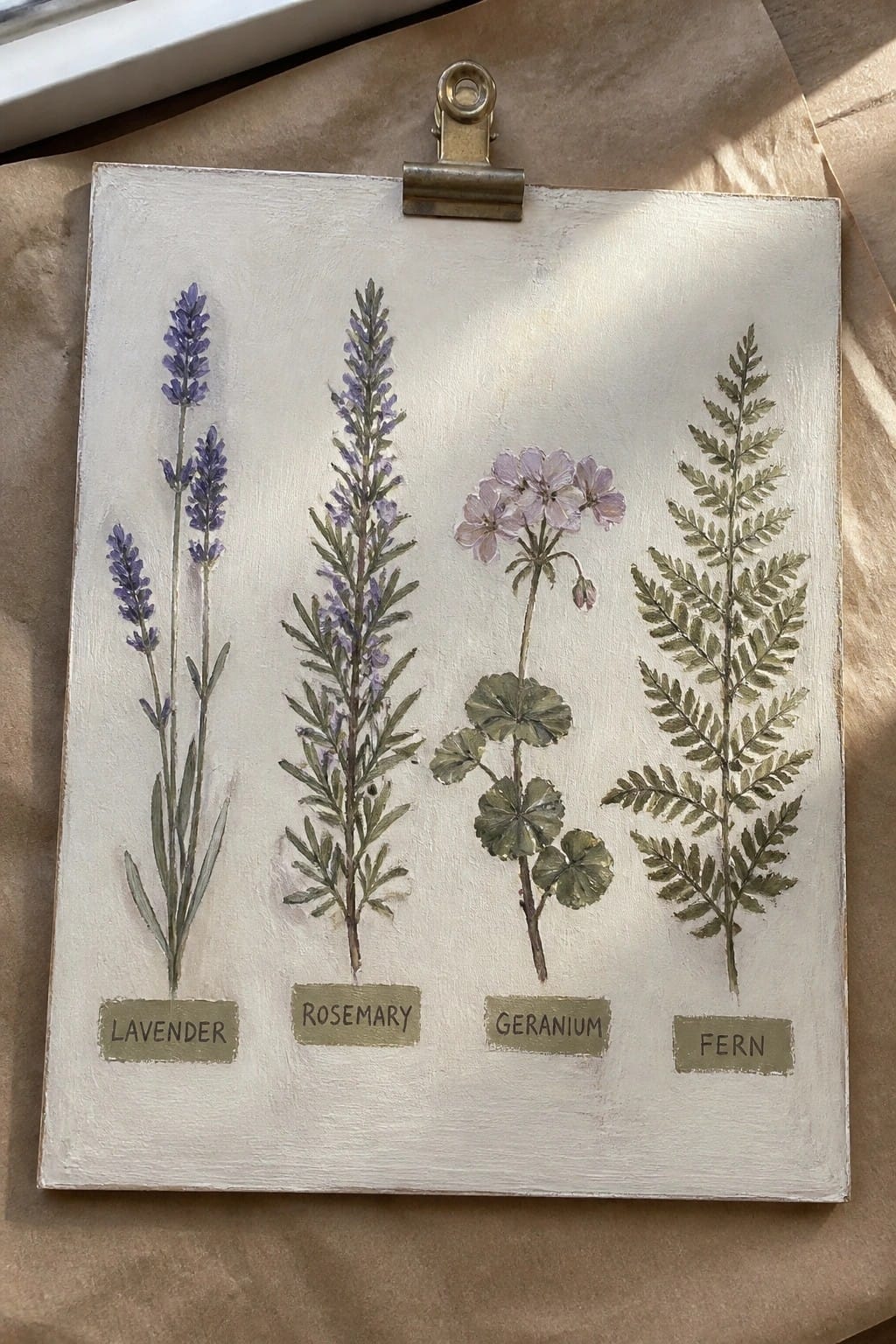 Four labeled watercolor plants—lavender, rosemary, geranium, fern—on white board with clip.