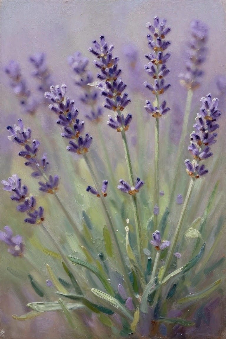 Purple lavender blooms on green stems in a soft impressionistic painting.