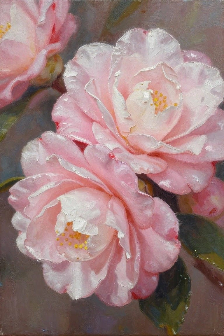 Impasto oil painting of pink camellias with yellow centers and green leaves