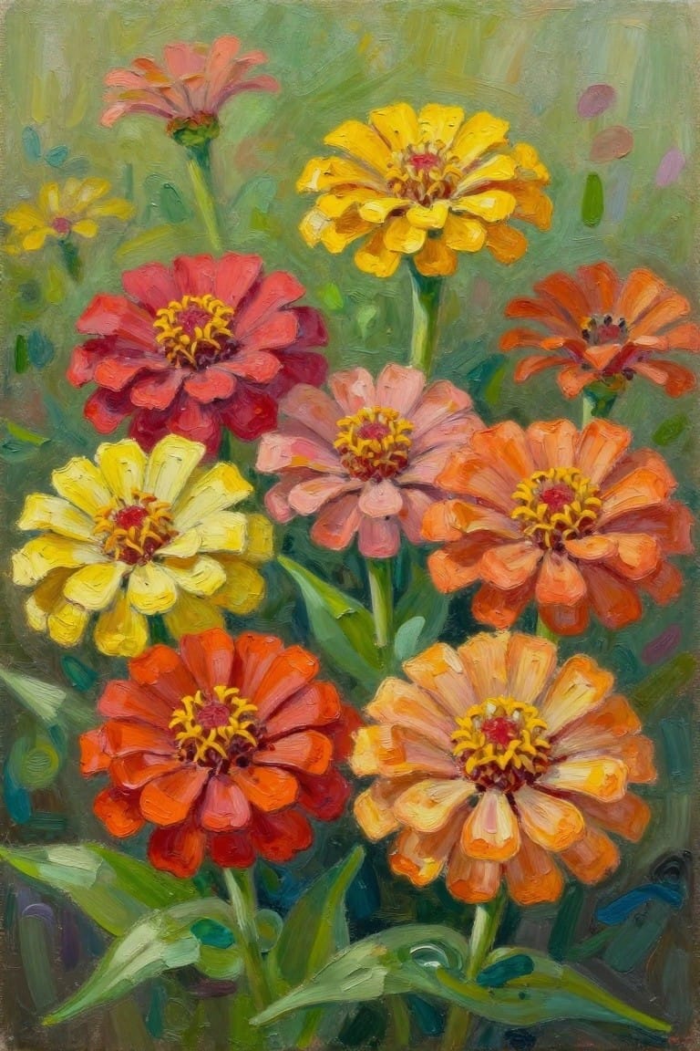 Vibrant oil painting of multicolored zinnia flowers blooming amid green foliage