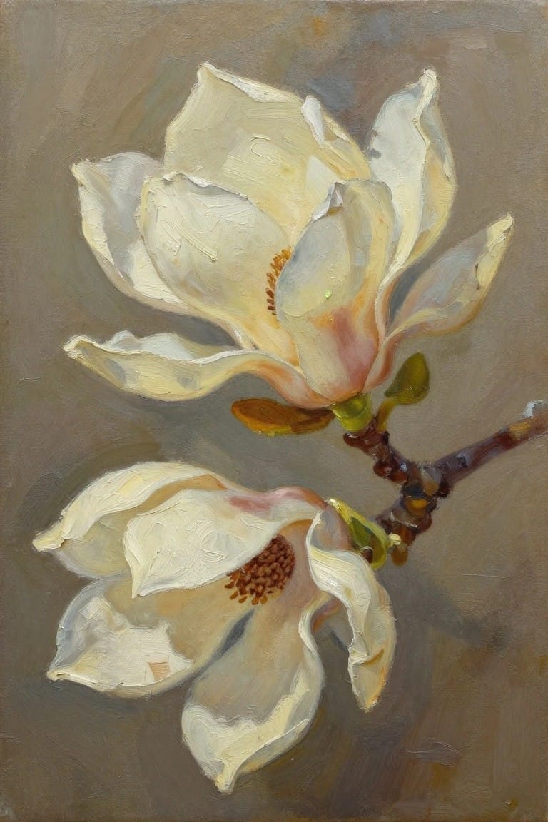 An oil painting of two white magnolia flowers on a short branch against a muted brown-gray background.