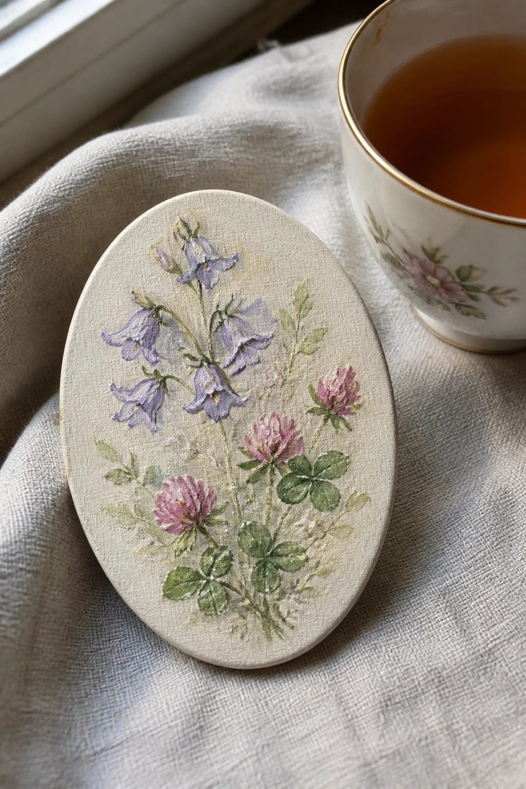 Oval floral painting with purple bells and pink clovers beside teacup on linen