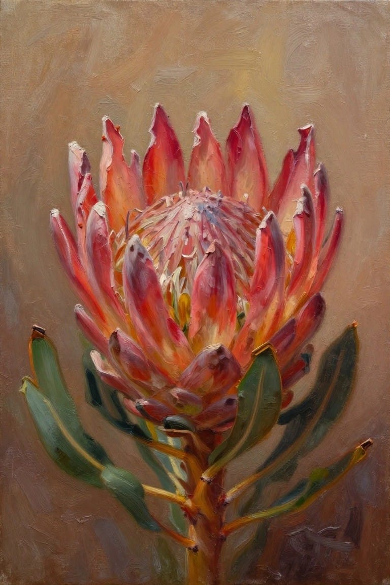 Vibrant protea bloom with pink-red petals and green leaves in oil painting