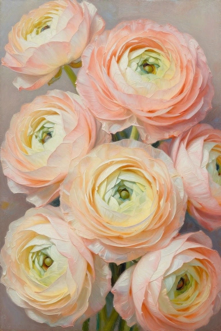 Oil painting of pink ranunculus flowers with layered petals and green centers
