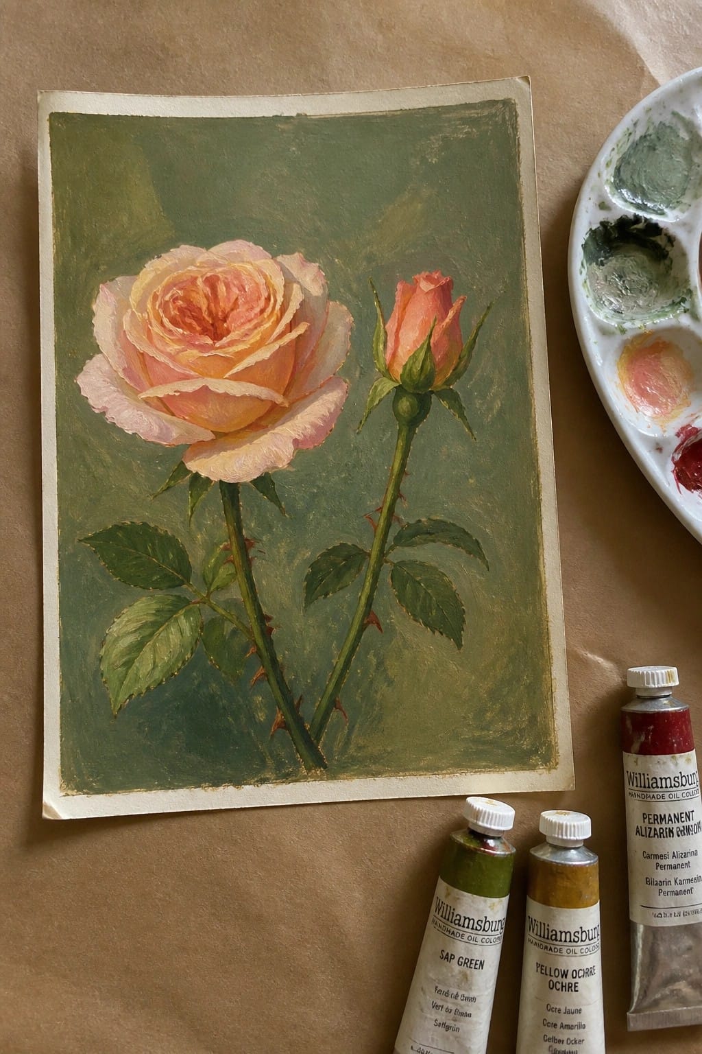 Oil painting of blooming peach rose and bud beside palette and paint tubes