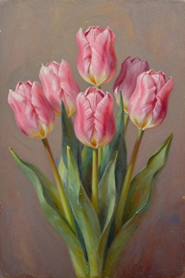 Oil painting of pink tulips with green leaves on muted brown background.