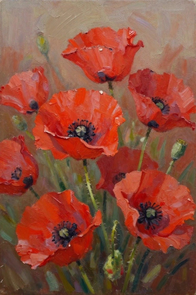 An oil painting of multiple bright red poppies with dark centers and green stems on a muted brown background.