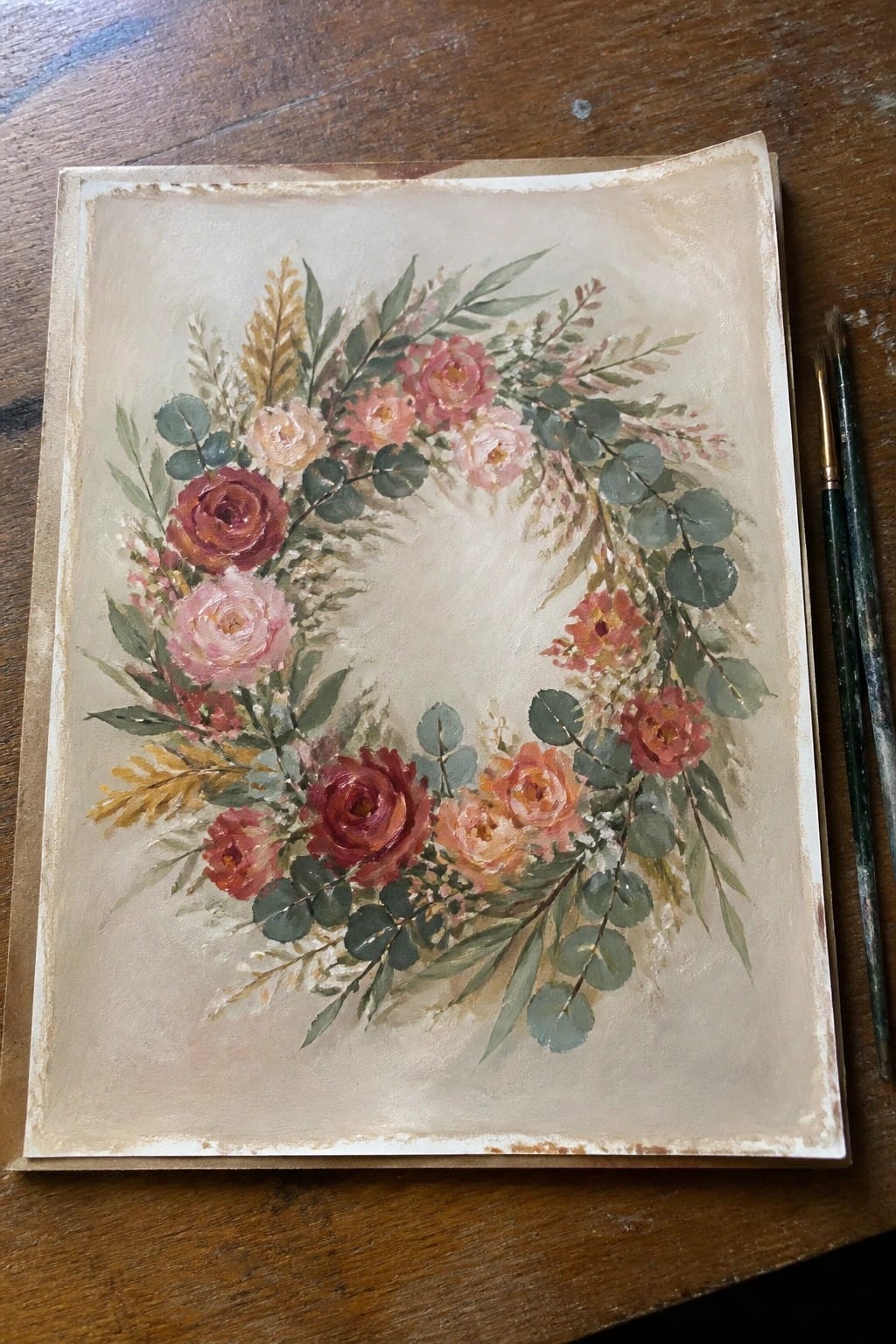 Floral wreath painting with pink red roses and greenery beside paintbrushes on wood