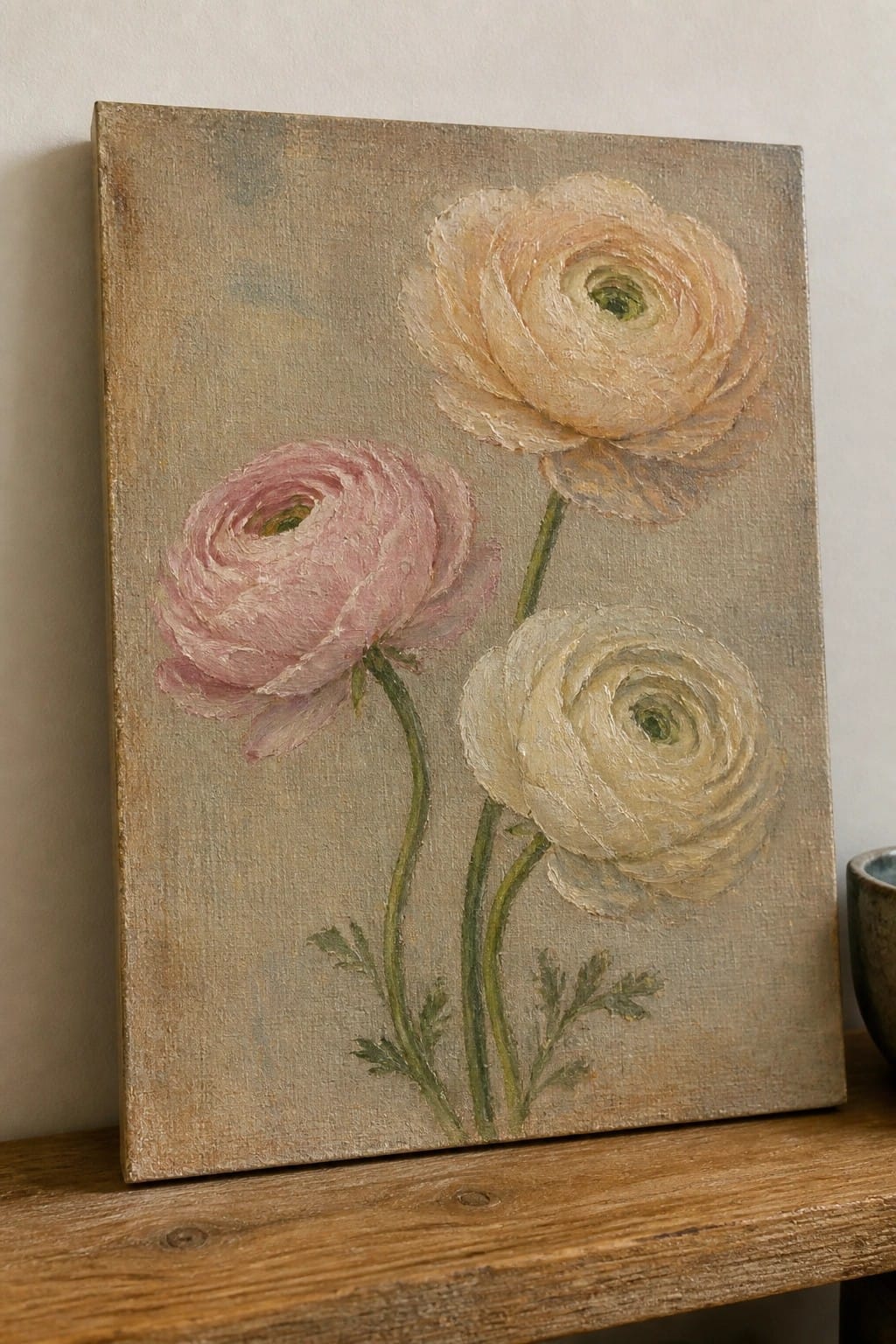 Textured painting of pink, peach, and white flowers with green stems on canvas