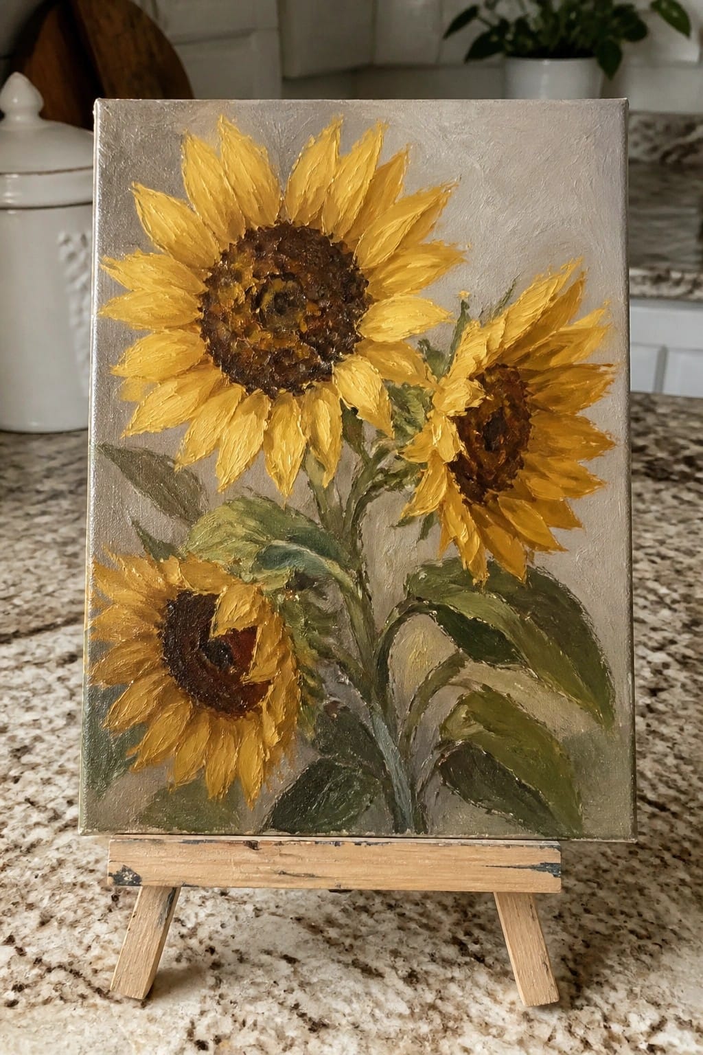 Three yellow sunflowers with brown centers and green leaves on wooden easel