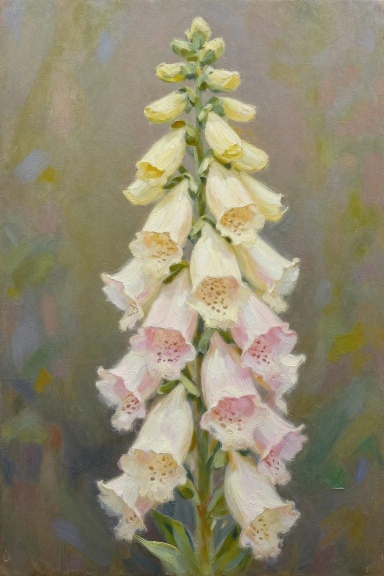 Tall foxglove stalk with white and pink bell-shaped blooms on muted background