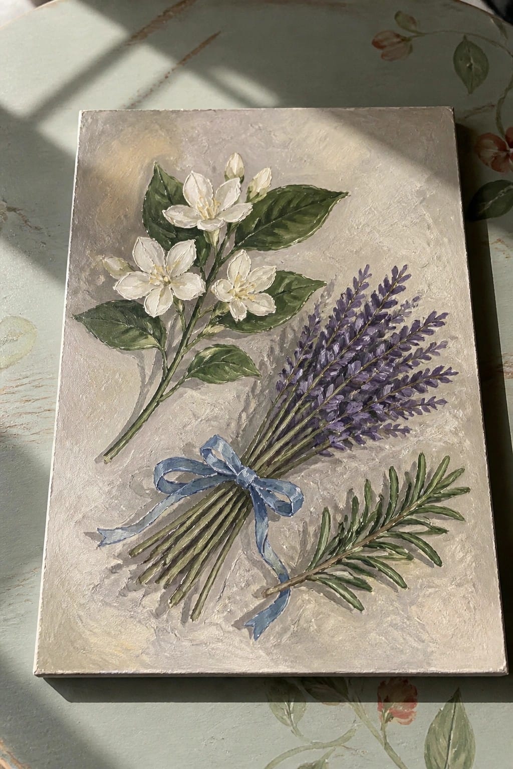 Still-life painting of white flowers, lavender bouquet with blue ribbon, and green sprig.
