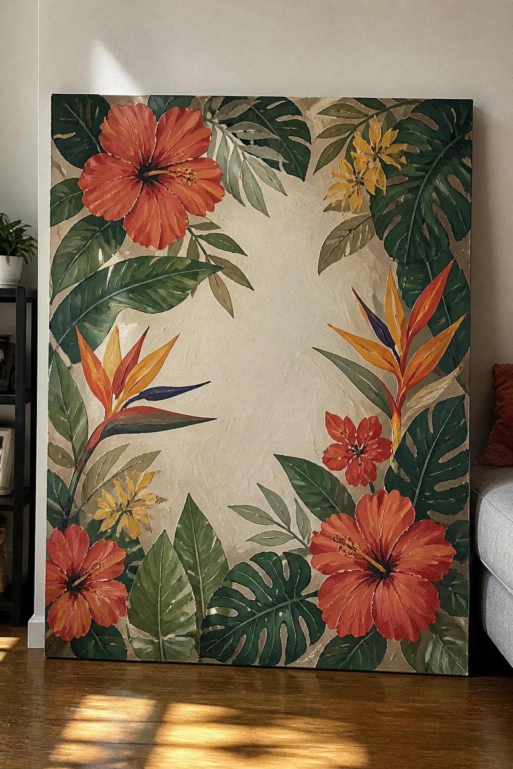 A large oil painting featuring red hibiscus, bird of paradise, yellow flowers, and green tropical leaves arranged around an open beige center.