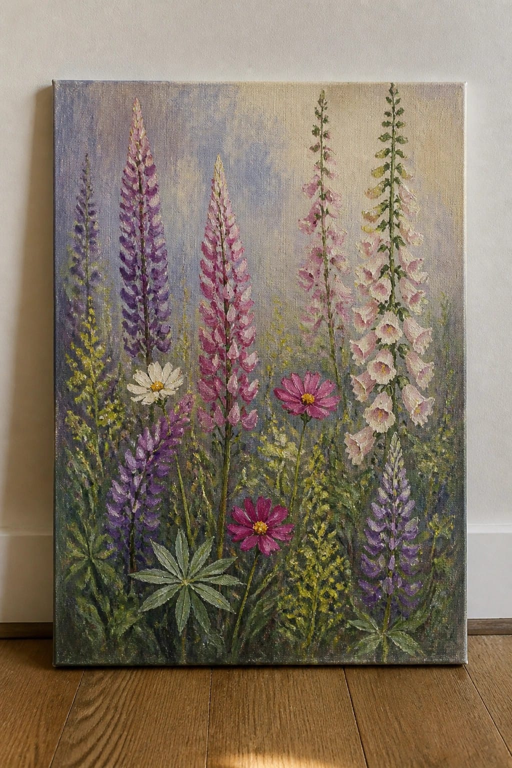 Painting of tall pink and purple foxgloves with smaller daisies and green leaves.