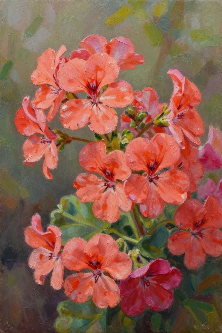 Vibrant coral-red geranium blooms with green leaves in textured oil painting