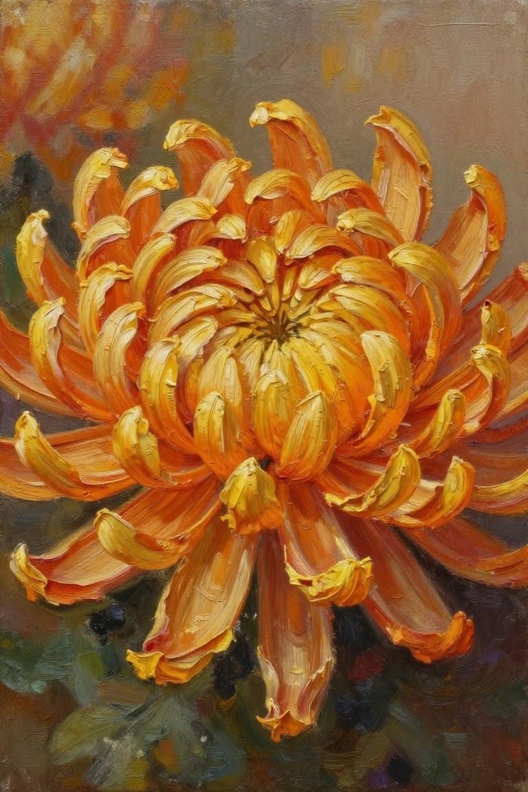 Vibrant orange chrysanthemum with layered yellow-tipped petals in thick impasto oil painting
