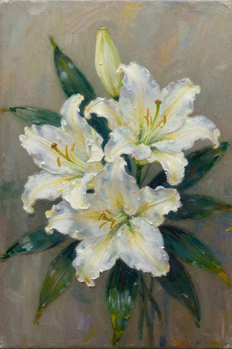 Oil painting of white lilies with yellow stamens, green leaves, and dewdrops.