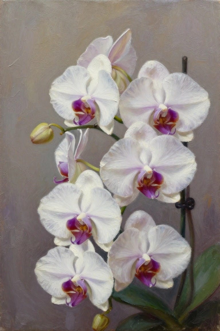 White orchids with purple-yellow centers on stems against a gray background.