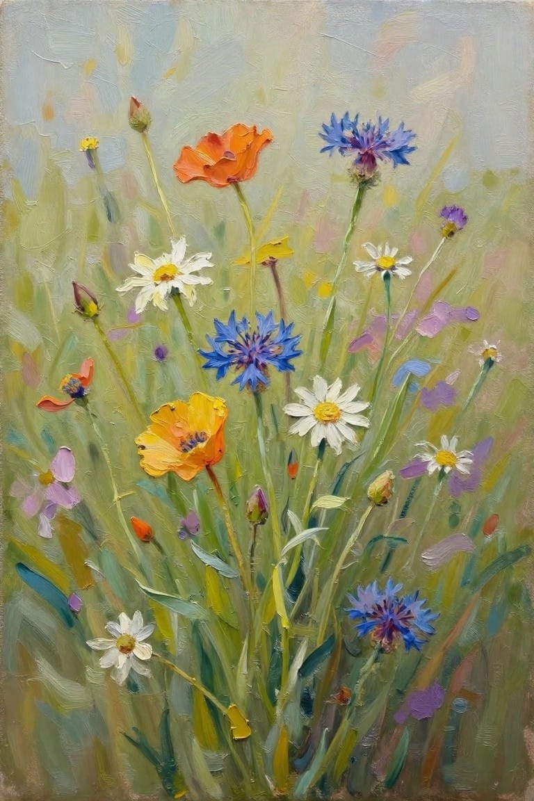 Vibrant wildflowers with orange poppies, blue cornflowers, and white daisies in a meadow