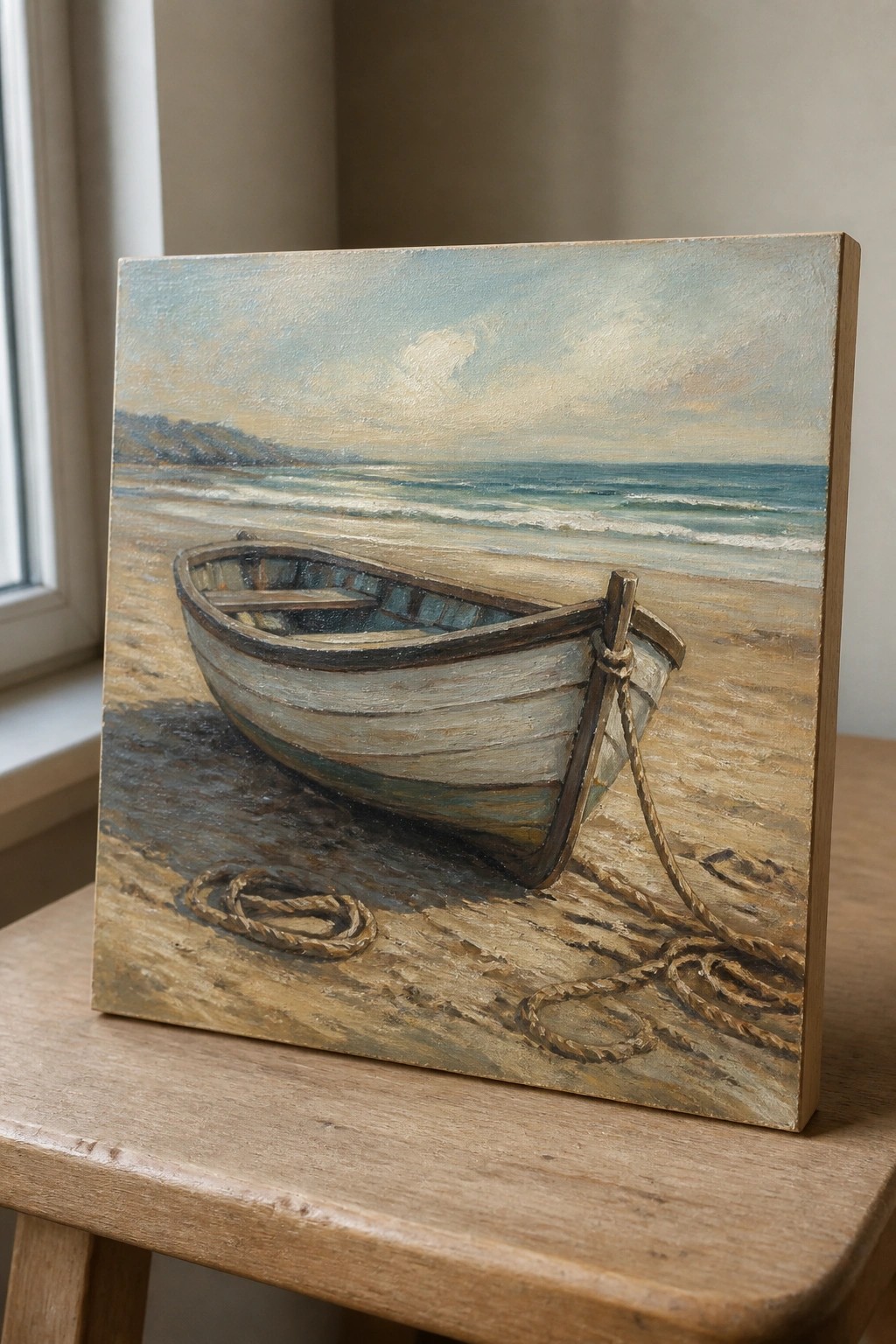 An oil painting of a wooden rowboat resting on sand with ropes, facing the ocean and distant hills.