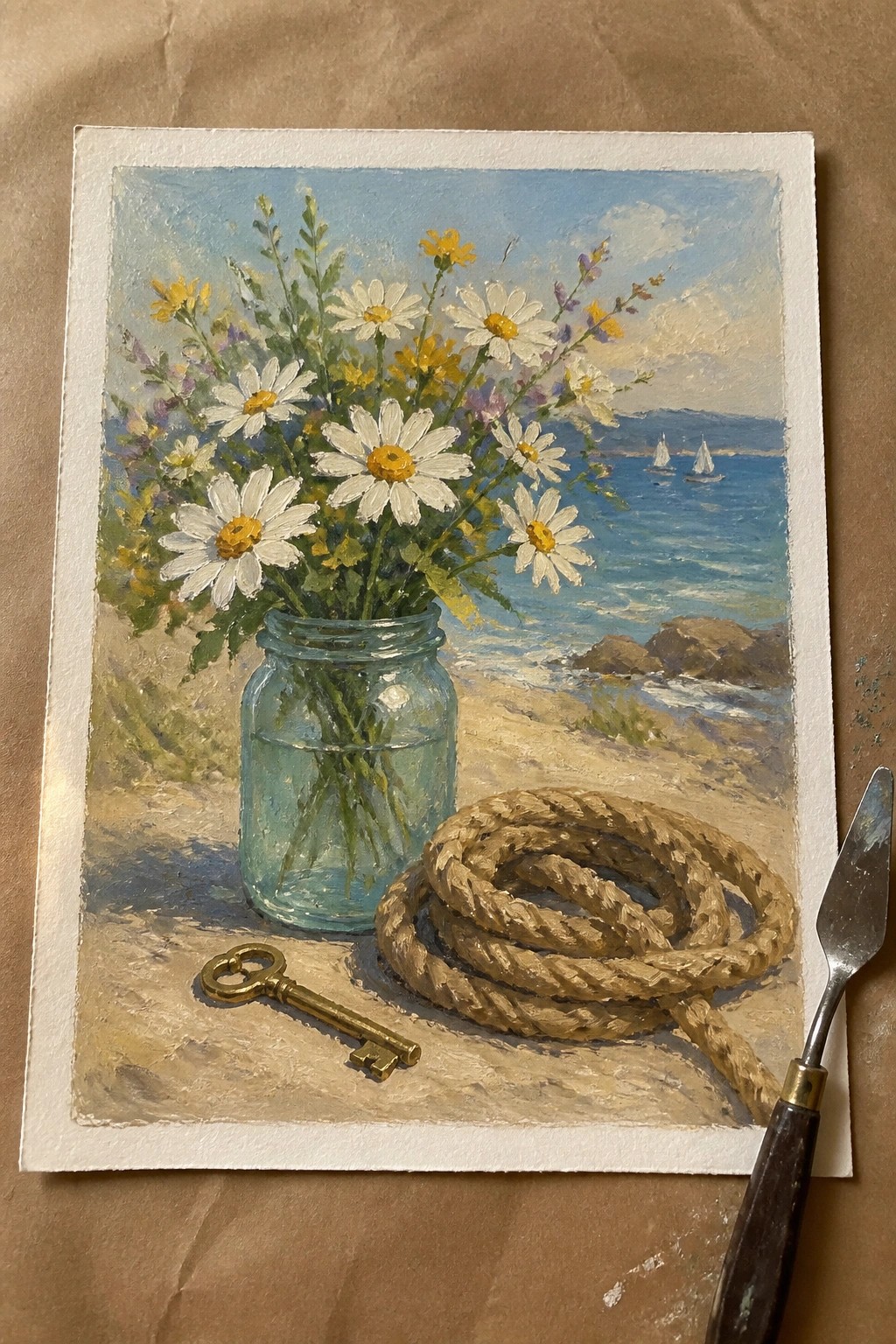 Oil painting of daisies in glass jar on beach with rope, key, and sailboats