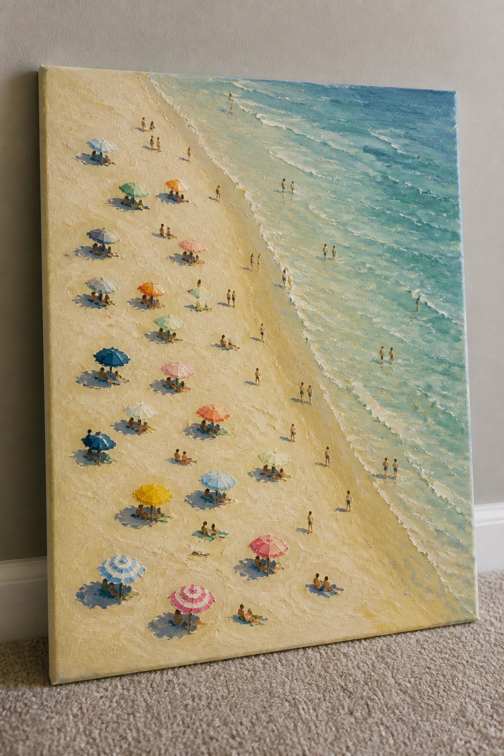Painting of sunny beach with scattered people, colorful umbrellas, and turquoise waves on sand