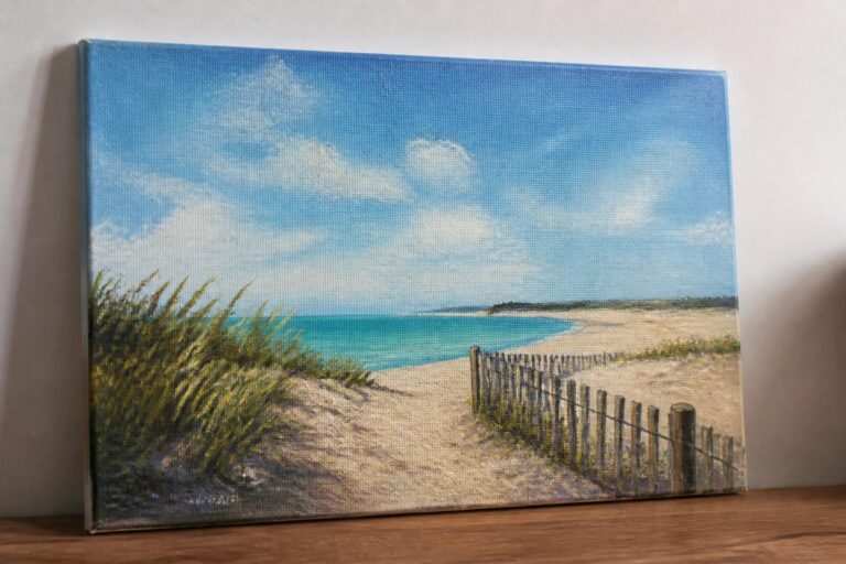 24 Beautiful Summer Coastal Painting Ideas Inspired by Warm Seaside Escapes Coastal painting of sandy beach with wooden fence, grassy dunes, turquoise waves, and blue sky.