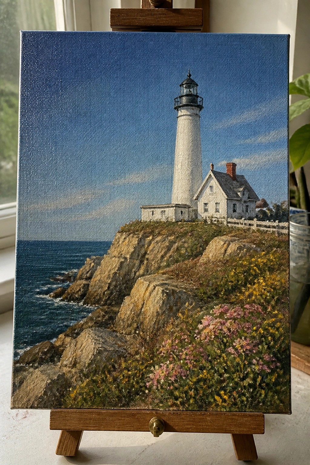 Realistic painting of white lighthouse on rocky ocean cliff with colorful wildflowers and blue sky