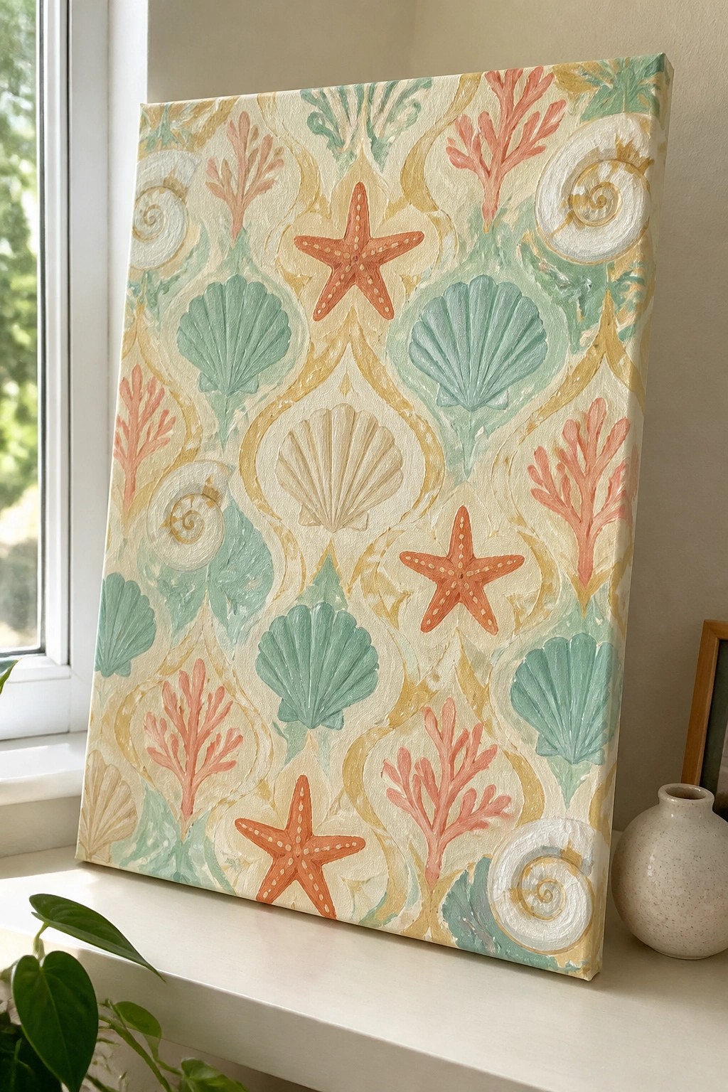 Pastel canvas painting of seashells, starfish, and coral on a windowsill beside vase.