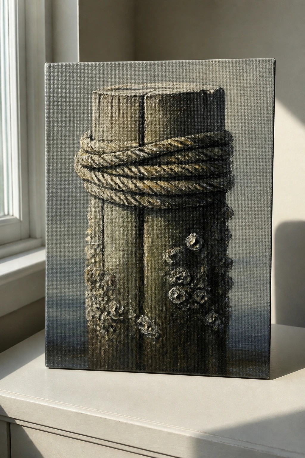 Realistic canvas painting of a rope-wrapped wooden post covered in barnacles