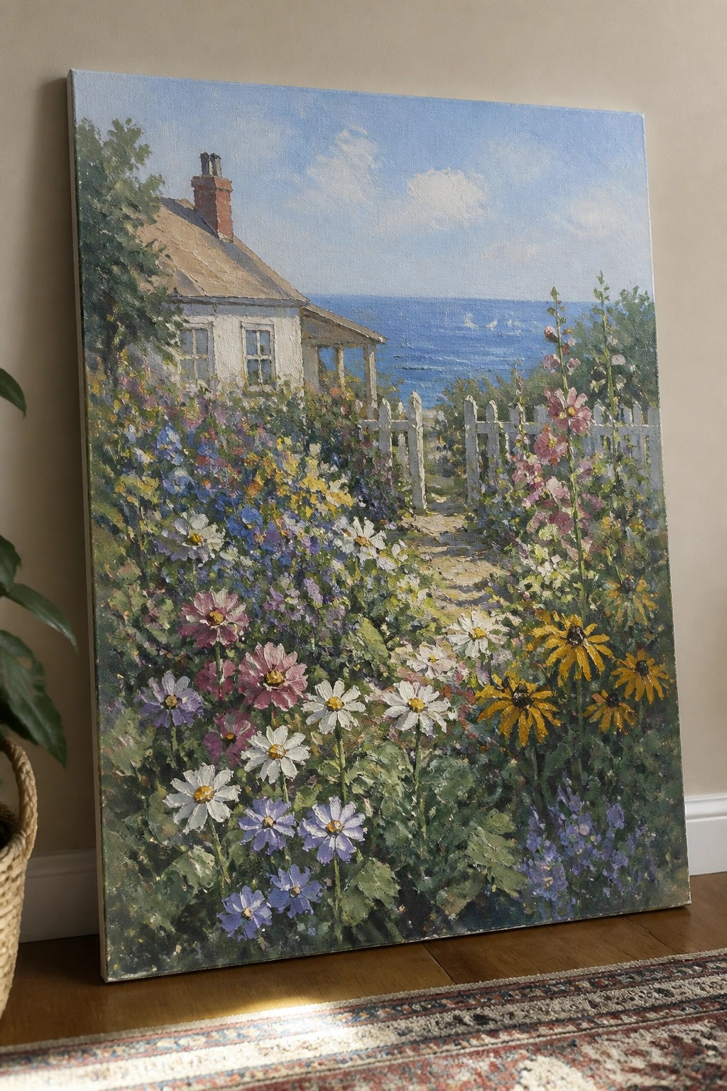 Colorful wildflowers line a garden path to a white cottage overlooking the blue ocean.