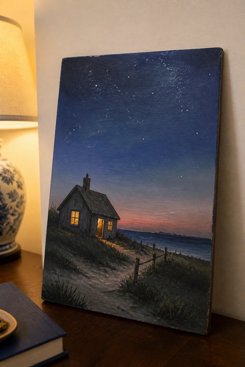 Realistic painting of wooden cottage with glowing windows by starry ocean at dusk.