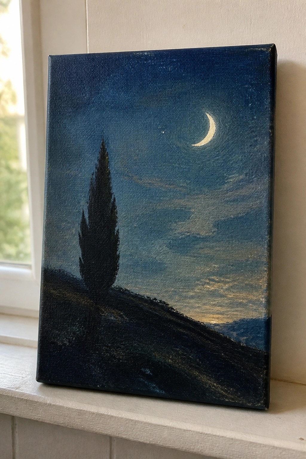 Crescent moon glows over silhouetted tree on dark blue night sky canvas painting on windowsill